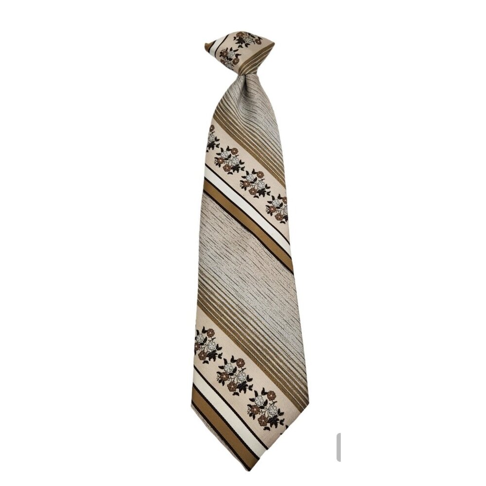 Vintage‎ JC Penny The Mens Shop Clip On Tie Necktie Beige Floral Striped EUC